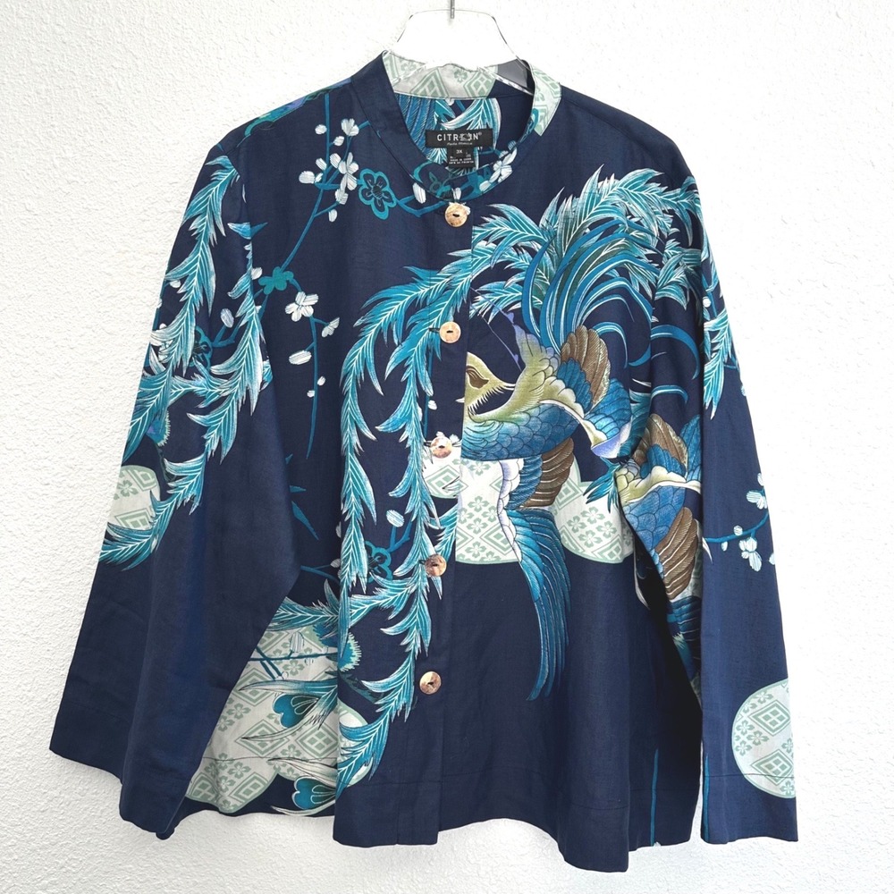 Citron Santa Monica Blouse Womens 3X Navy Silk Linen Bird Art to Wear Lagenlook